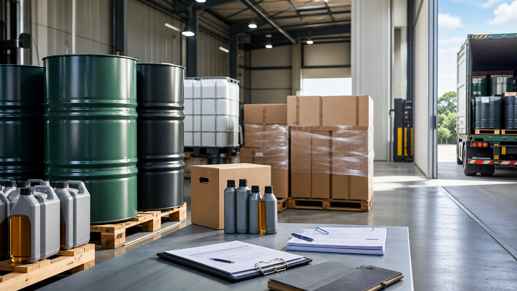 Unbranded lubricant drums and export cartons prepared in a logistics warehouse